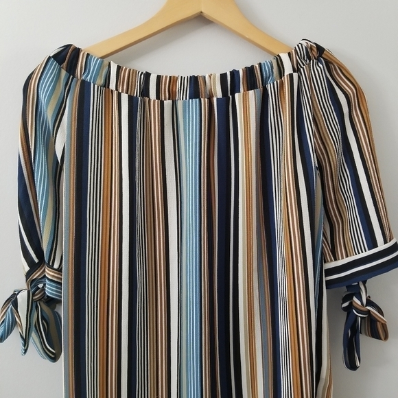 off Shoulder Bardot Shirt Tie up 3/4 Sleeves Summer Beach Dress Size S - Picture 3 of 7